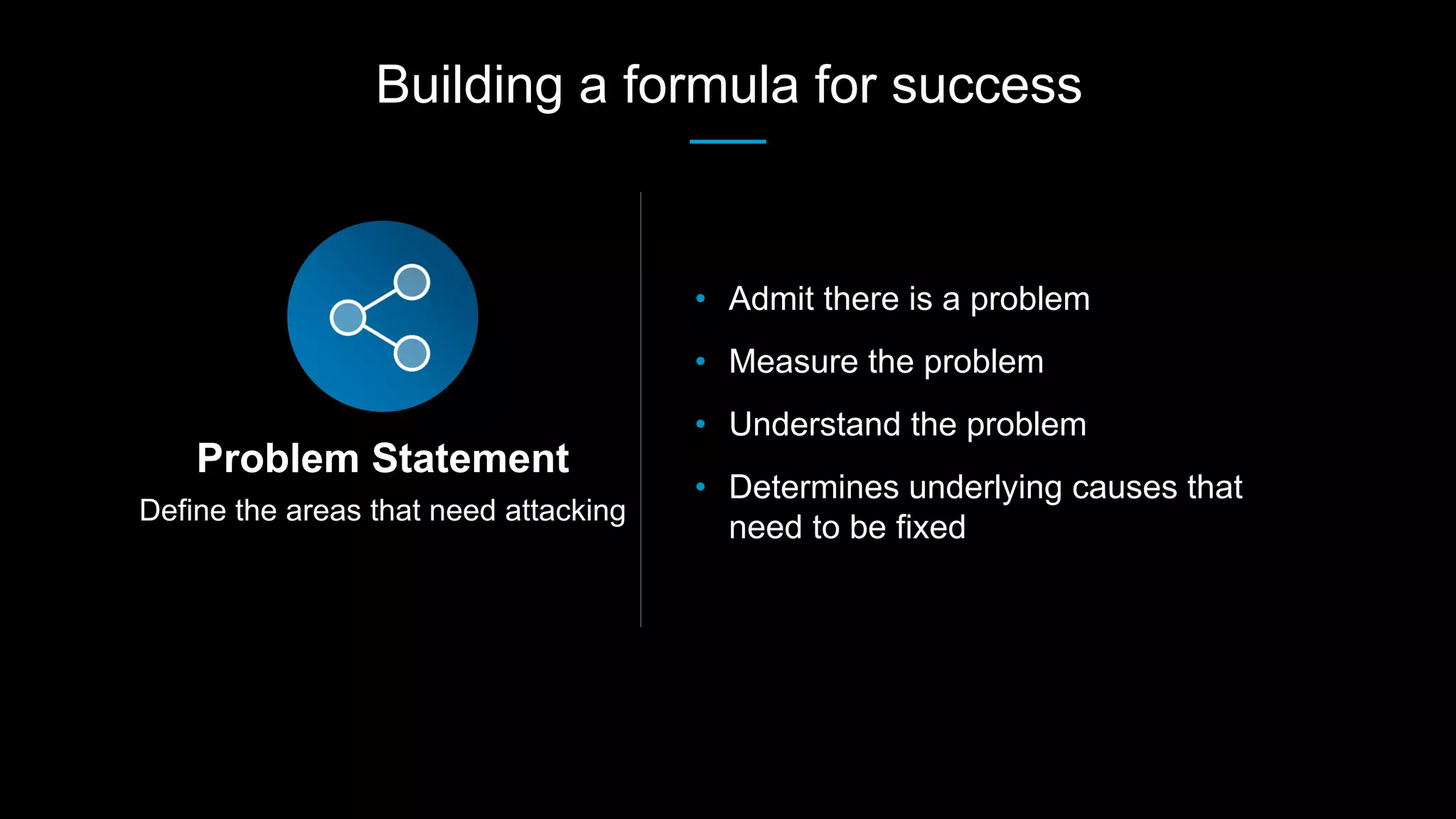 Define the areas that need attacking
Problem Statement
• Admit there is a problem
• Measure the problem
• Understand the problem
• Determines underlying causes that
need to be fixed
Building a formula for success
 