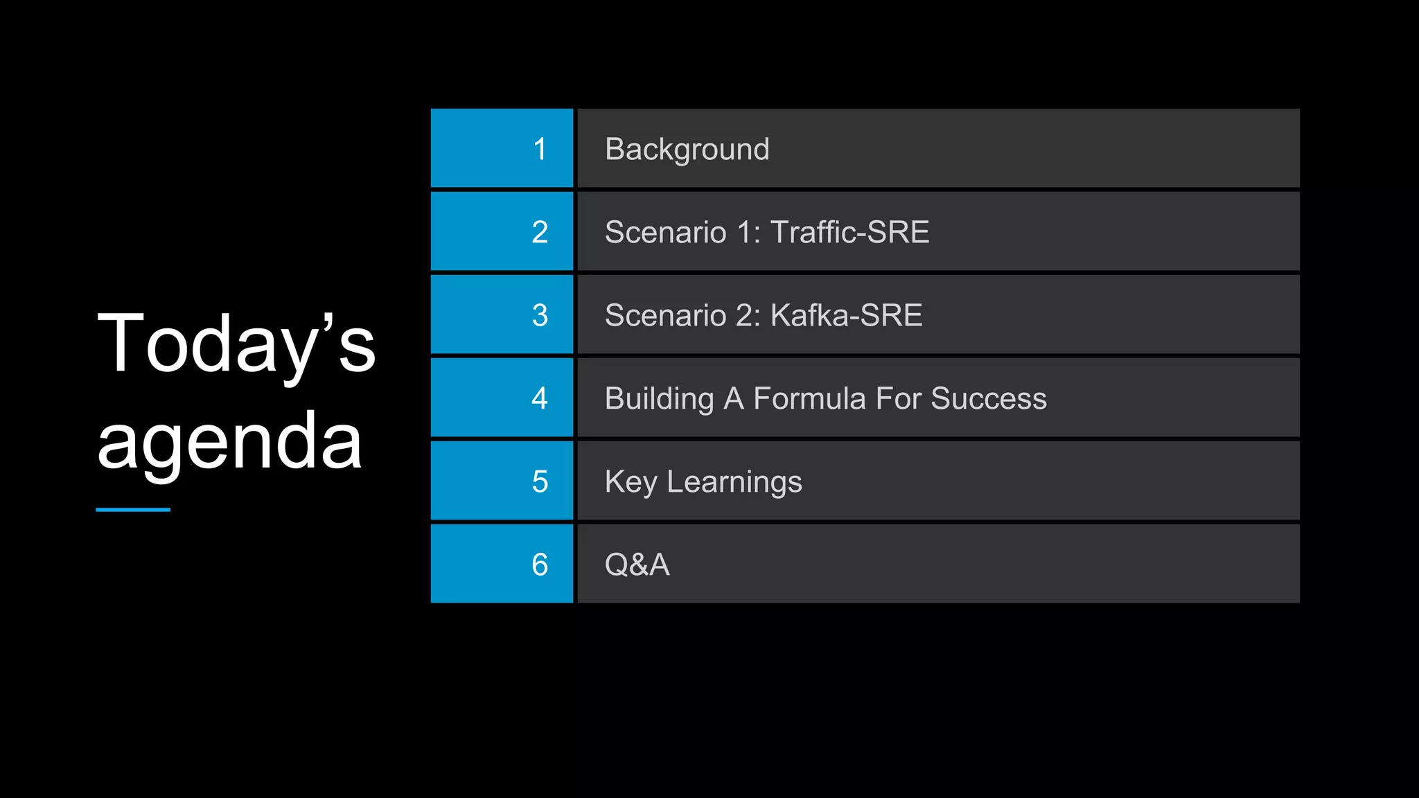 Today’s
agenda
1 Background
2 Scenario 1: Traffic-SRE
3 Scenario 2: Kafka-SRE
4 Building A Formula For Success
5 Key Learnings
6 Q&A
 