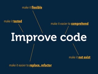 Improve code
make it easier to comprehend
make it ﬂexible
make it tested
make it easier to replace, refactor
make it not exist
 