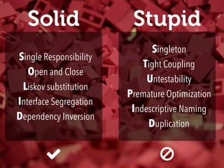 Single Responsibility 
Open and Close 
Liskov substitution 
Interface Segregation 
Dependency Inversion
Singleton 
Tight Coupling 
Untestability 
Premature Optimization 
Indescriptive Naming 
Duplication
Solid Stupid
○"
 