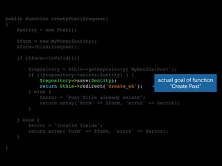 public function createPost($request)
{
$entity = new Post();
$form = new MyForm($entity);
$form->bind($request);
if ($form->isValid()){
$repository = $this->getRepository('MyBundle:Post');
if (!$repository->exists($entity) ) {
$repository->save($entity);
return $this->redirect('create_ok');
} else {
$error = "Post Title already exists";
return array('form' => $form, 'error' => $error);
}
} else {
$error = "Invalid fields";
return array('form' => $form, 'error' => $error);
}
}
actual goal of function
“Create Post"
 