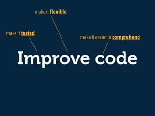 Improve code
make it easier to comprehend
make it ﬂexible
make it tested
 