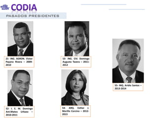 PASADOS PRESIDENTES
21- ING. AGRON. Victor
Payano Rivera – 2009-
2010
53- ING. CIV. Domingo
Augusto Tavera – 2011-
2012
52- I. E. M. Domingo
Ant.Mateo Urbaez –
2010-2011
54- ARQ. Esther J.
Morillo Corcino – 2012-
2013
55- INQ. Aridio Santos –
2013-2014
 