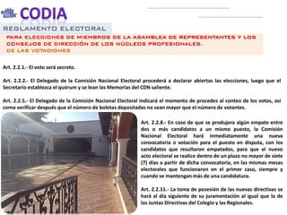 REGLAMENTO ELECTORAL
Art. 2.2.1.- El voto será secreto.
Art. 2.2.2.- El Delegado de la Comisión Nacional Electoral procederá a declarar abiertas las elecciones, luego que el
Secretario establezca el quórum y se lean las Memorias del CDN saliente.
Art. 2.2.5.- El Delegado de la Comisión Nacional Electoral indicará el momento de procedes al conteo de los votos, así
como verificar después que el número de boletas depositadas no sean mayor que el número de votantes.
PARA ELECCIONES DE MIEMBROS DE LA ASAMBLEA DE REPRESENTANTES Y LOS
CONSEJOS DE DIRECCIÓN DE LOS NÚCLEOS PROFESIONALES.
DE LAS VOTACIONES
Art. 2.2.8.- En caso de que se produjera algún empate entre
dos o más candidatos a un mismo puesto, la Comisión
Nacional Electoral hará inmediatamente una nueva
convocatoria o votación para el puesto en disputa, con los
candidatos que resultaron empatados, para que el nuevo
acto electoral se realice dentro de un plazo no mayor de siete
(7) días a partir de dicha convocatoria, en las mismas mesas
electorales que funcionaron en el primer caso, siempre y
cuando se mantengan más de una candidatura.
Art. 2.2.11.- La toma de posesión de las nuevas directivas se
hará al día siguiente de su juramentación al igual que la de
las Juntas Directivas del Colegio y las Regionales.
 