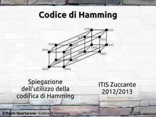 © Paolo Quartarone - Codice di Hamming
Codice di HammingCodice di Hamming
Spiegazione
dell'utilizzo della
codifica di Hamming
ITIS Zuccante
2012/2013
1/19
 