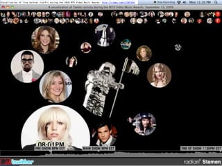 Visualization of live twitter traffic during the 2010 MTV Video Music Awards: http://vimeo.com/11302556.
 