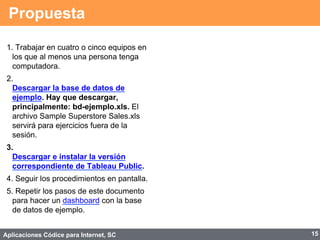Aplicaciones Códice para Internet, SC
Propuesta
1. Trabajar en cuatro o cinco equipos en
los que al menos una persona tenga
computadora.
2. 
Descargar la base de datos de
ejemplo. Hay que descargar,
principalmente: bd-ejemplo.xls. El
archivo Sample Superstore Sales.xls
servirá para ejercicios fuera de la
sesión.
3. 
Descargar e instalar la versión
correspondiente de Tableau Public.
4. Seguir los procedimientos en pantalla.
5. Repetir los pasos de este documento
para hacer un dashboard con la base
de datos de ejemplo.
15
 