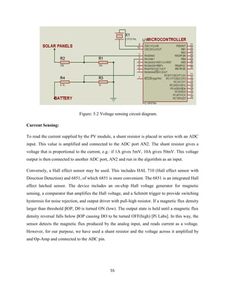 55
Figure: 5.2 Voltage sensing circuit diagram.
Current Sensing:
To read the current supplied by the PV module, a shunt resistor is placed in series with an ADC
input. This value is amplified and connected to the ADC port AN2. The shunt resistor gives a
voltage that is proportional to the current, e.g.: if 1A gives 5mV, 10A gives 50mV. This voltage
output is then connected to another ADC port, AN2 and run in the algorithm as an input.
Conversely, a Hall effect sensor may be used. This includes HAL 710 (Hall effect sensor with
Direction Detection) and 6851, of which 6851 is more convenient. The 6851 is an integrated Hall
effect latched sensor. The device includes an on-chip Hall voltage generator for magnetic
sensing, a comparator that amplifies the Hall voltage, and a Schmitt trigger to provide switching
hysteresis for noise rejection, and output driver with pull-high resistor. If a magnetic flux density
larger than threshold βOP, D0 is turned ON (low). The output state is held until a magnetic flux
density reversal falls below βOP causing DO to be turned OFF(high) [Pi Labs]. In this way, the
sensor detects the magnetic flux produced by the analog input, and reads current as a voltage.
However, for our purpose, we have used a shunt resistor and the voltage across it amplified by
and Op-Amp and connected to the ADC pin.
 