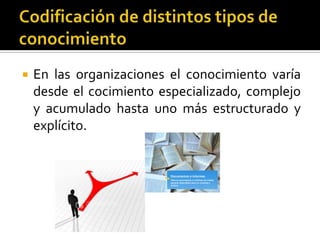 Codificación de distintos tipos de conocimiento En las organizaciones el conocimiento varía desde el cocimiento especializado, complejo y acumulado hasta uno más estructurado y explícito.
