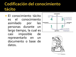 Codificación del conocimiento tácitoEl conocimiento tácito es el conocimiento asimilado por las personas durante un largo tiempo, la cual es casi imposible de representarlo en un documento o base de datos.