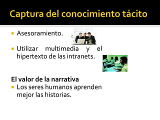 Captura del conocimiento tácitoAsesoramiento.Utilizar multimedia y el hipertexto de las intranets.El valor de la narrativaLos seres humanos aprenden mejor las historias.