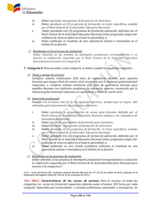 Página 86 de 116
iii. Haber aprobado el programa de formación de directivos;
iv. Haber aprobado un (1) programa de formación en áreas específicas, avalado
por el Nivel Central de la Autoridad Educativa Nacional;
v. Haber aprobado tres (3) programas de formación-aplicación, definidos por el
Nivel Central de la Autoridad Educativa Nacional (estos programas exigen dar
evidencia de cómo se aplicó en el aula lo aprendido); o,
vi. Haber publicado el resultado de una experiencia exitosa e innovadora en el
ámbito de su función.
c) Resultados en los procesos de evaluación:
Haber obtenido en las pruebas de desempeño profesional correspondientes a su
función la calificación requerida por el Nivel Central de la Autoridad Educativa
Nacional para ascenso a la categoría B.
7. Categoría A: Para ascender a esta categoría, se deben cumplir los siguientes requisitos:
a) Título y tiempo de servicio:
Certificar mínimo veinticuatro (24) años de experiencia docente, para aquellos
docentes que tengan título de cuarto nivel reconocido por la instancia gubernamental
respectiva; o, certificar mínimo veintiocho (28) años de experiencia docente, para
aquellos docentes con titulación académica de educación superior, reconocido por la
instancia gubernamental respectiva, no equivalente a título de cuarto nivel.
b) Desarrollo profesional:
Cumplir con al menos una (1) de las siguientes opciones, siempre que no hayan sido
utilizadas para la promoción en categorías anteriores:
i. Haber aprobado la programación de cursos para docentes definida por el
Nivel Central de la Autoridad Educativa Nacional relativa a los estándares de
desempeño profesional;
ii. Haber aprobado el programa de formación para mentores;
iii. Haber aprobado elprograma de formación de directivos;
iv. Haber aprobado un (1) programa de formación en áreas específicas, avalado
por el Nivel Central de la Autoridad Educativa Nacional;
v. Haber aprobado tres (3) programas de formación-aplicación, definidos por el
Nivel Central de la Autoridad Educativa Nacional (estos programas exigen dar
evidencia de cómo se aplicó en el aula lo aprendido); o,
vi. Haber publicado en una revista académica indexada el resultado de una
experiencia exitosa e innovadora en el ámbito de su función.
c) Resultados en los procesos de evaluación:
Haber obtenido en las pruebas de desempeño profesional correspondientes a su función
la calificación requerida por el Nivel Central de la Autoridad Educativa Nacional para
ascenso a la categoría A.”
(Nota.- Texto del artículo 302, sustituido mediante Decreto Ejecutivo No. 811 de 22 de octubre de 2015, publicado en el
Suplemento del Registro Oficial No. 635 de 25 de noviembre de 2015.)
“Art.- 302.1.- Características de los cursos de ascenso. Para el ascenso en todas las
categorías, los cursos de formación requeridos deberán sumar al menos 330 horas por cada
categoría impartidos por universidades o escuelas politécnicas, nacionales o extranjeras; en
 