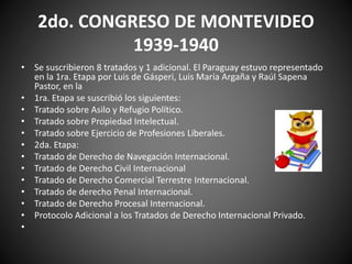 2do. CONGRESO DE MONTEVIDEO 
1939-1940 
• Se suscribieron 8 tratados y 1 adicional. El Paraguay estuvo representado 
en la 1ra. Etapa por Luis de Gásperi, Luis María Argaña y Raúl Sapena 
Pastor, en la 
• 1ra. Etapa se suscribió los siguientes: 
• Tratado sobre Asilo y Refugio Político. 
• Tratado sobre Propiedad Intelectual. 
• Tratado sobre Ejercicio de Profesiones Liberales. 
• 2da. Etapa: 
• Tratado de Derecho de Navegación Internacional. 
• Tratado de Derecho Civil Internacional 
• Tratado de Derecho Comercial Terrestre Internacional. 
• Tratado de derecho Penal Internacional. 
• Tratado de Derecho Procesal Internacional. 
• Protocolo Adicional a los Tratados de Derecho Internacional Privado. 
• 
 