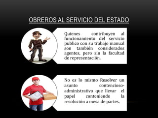 OBREROS AL SERVICIO DEL ESTADO
Quienes
contribuyen al
funcionamiento del servicio
publico con su trabajo manual
son también considerados
agentes, pero sin la facultad
de representación.

No es lo mismo Resolver un
asunto
contenciosoadministrativo que llevar el
papel
conteniendo
la
resolución a mesa de partes.

 