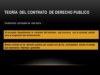 TEORÍA DEL CONTRATO DE DERECHO PUBLICO
fundamentos principales de esta teoría :

A) no puede desestimarse la voluntad del individuo que concurre con la voluntad estatal
para la aceptación del nombramiento

B)este contrato es de derecho publico por cuanto uno de los contratantes siendo el estado
que representa intereses generales

 