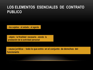 LOS ELEMENTOS ESENCIALES DE CONTRATO
PUBLICO

- los sujetos : el estado ; el agente

- objeto : la finalidad necesaria , siendo la
prestación de la actividad personal

- causa jurídica : todo lo que entra en el conjunto de derechos del
funcionario

 
