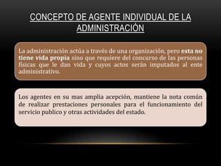 CONCEPTO DE AGENTE INDIVIDUAL DE LA
ADMINISTRACIÓN
La administración actúa a través de una organización, pero esta no
tiene vida propia sino que requiere del concurso de las personas
físicas que le dan vida y cuyos actos serán imputados al ente
administrativo.

Los agentes en su mas amplia acepción, mantiene la nota común
de realizar prestaciones personales para el funcionamiento del
servicio publico y otras actividades del estado.

 