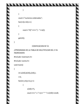 }

     }

     cout<<"numeros ordenados";

     for(i=0;i<10;i++)

     {

            cout<<"A["<<i<<"] : "<<a[i];

     }

     getch();

}

                         CODIFICACION Nº 21

//PROGRAMA DE LA TABLA DE MULTIPLICAR DEL 5 YA
INGRESADOS

#include <iostream.h>

#include <conio.h>

void main()

{

     int a[10],b[10],c[10],i;

     i=5;

     for(int j=0;j<11;j++)

            {

                 c[10]=i*j;

                 cout<<i<<" x "<<j<<" * "<<c[10]<<endl;
 