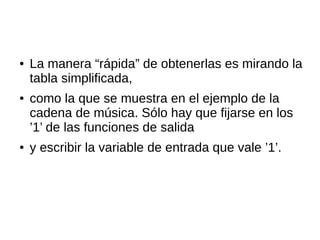 ● La manera “rápida” de obtenerlas es mirando la
tabla simplificada,
● como la que se muestra en el ejemplo de la
cadena de música. Sólo hay que fijarse en los
’1’ de las funciones de salida
● y escribir la variable de entrada que vale ’1’.
 