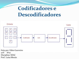 Codificadores e
Descodificadores
Feito por: Fábio Guerreiro
10ºF Nº10
Disciplina: SDAC
Prof.: Luísa Morais
 