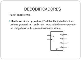 DECODIFICADORES
Funcionamiento
 Recibe n entradas y produce 2n salidas. De todas las salidas,
solo se generará un 1 en la salida cuyo subíndice corresponde
al código binario de la combinación de entrada.
 