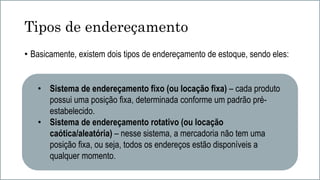 Tipos de endereçamento
• Basicamente, existem dois tipos de endereçamento de estoque, sendo eles:
• Sistema de endereçamento fixo (ou locação fixa) – cada produto
possui uma posição fixa, determinada conforme um padrão pré-
estabelecido.
• Sistema de endereçamento rotativo (ou locação
caótica/aleatória) – nesse sistema, a mercadoria não tem uma
posição fixa, ou seja, todos os endereços estão disponíveis a
qualquer momento.
 
