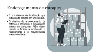 Endereçamento de estoque
• É um sistema de localização que
indica cada posição em um estoque.
• O objetivo do endereçamento de
estoque é possibilitar a organização
interna do armazém. Além disso,
permitir e facilitar a localização, o
rastreamento e a movimentação
interna dos itens.
 