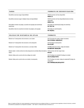Sabre y el logotipo de Sabre son marcas registradas y/o marcas de servicio de una afiliada de Sabre Inc. Las demás marcas registradas, marcas de servicios y nombres
comerciales son propiedad de sus respectivas compañías. ©2001 Sabre Inc. Reservados todos los derechos. 2.0
T A R E A F O R M A T O D E D E C O D I F I C A C I Ó N
Decodificar aeronave según disponibilidad W/EQ*L(número de línea disponible)
W/EQ*L3
Decodificar aeronave según múltiples líneas de disponibilidad W/EQ*L(número de línea disponible)/(número de línea
disponible)
W/EQ*L3/4
Descodificar emisión de pasaje y acuerdos de equipaje para aerolíneas
específicas
W/*(código de aerolínea)‡*(código de aerolínea)
W/*FE‡*AA
Decodificar todos los acuerdos de emisión de pasajes y de equipaje W/*(código de aerolínea)‡ALL
W/*AA‡ALL
C Á L C U L O D E D I S T A N C I A E N A T L A S F O R M A T O
Mostrar los 10 aeropuertos más cercanos a una ciudad W/-CY(nombre de ciudad, código de estado)
W/-CYCORAL GABLES,FL
Mostrar los 10 aeropuertos más cercanos a otro aeropuerto W/-AT(código de aeropuerto)
W/-ATLHR
Mostrar los 10 aeropuertos más cercanos a una base militar W/-MB(nombre de la base, código del estado)
W/-MBFORT MEAD,MD
Mostrar desde nombre similar de la lista después de la entrada Atlas del sistema
Sabre
W/-SL(número del ítem según lista)
W/-SL5
Mostrar millas punto a punto entre dos códigos de ciudad W/-CY(código de ciudad)‡CY(código de ciudad)
W/-CYLON‡CYSYD
Mostrar millas punto a punto entre una ciudad y el aeropuerto W/-CY(código de ciudad, código de estado)‡AT(código de
aeropuerto)
W/-CYWHEELING,WV‡ATPIT
 