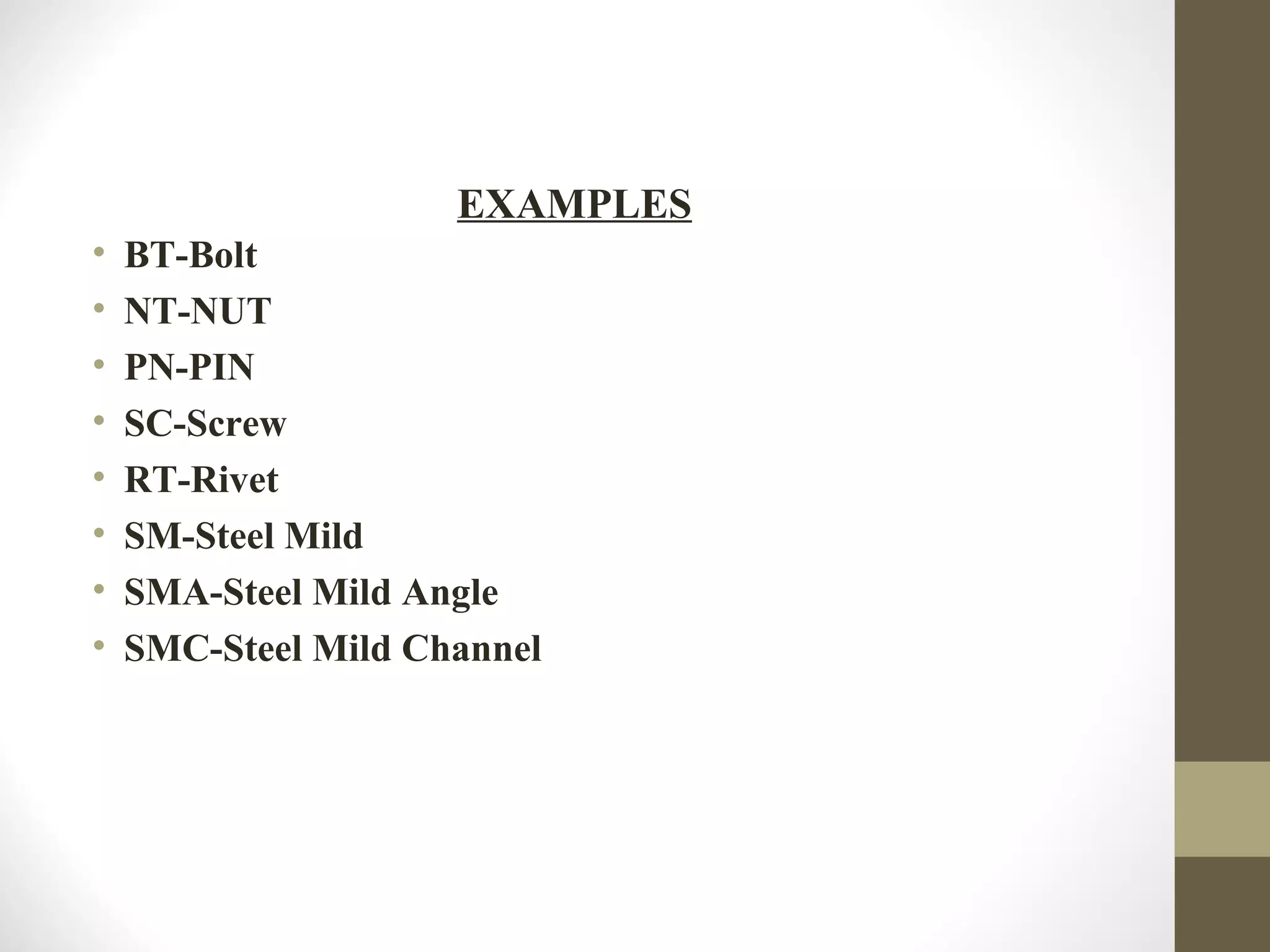 • BT-Bolt
• NT-NUT
• PN-PIN
• SC-Screw
• RT-Rivet
• SM-Steel Mild
• SMA-Steel Mild Angle
• SMC-Steel Mild Channel
EXAMPLES
 