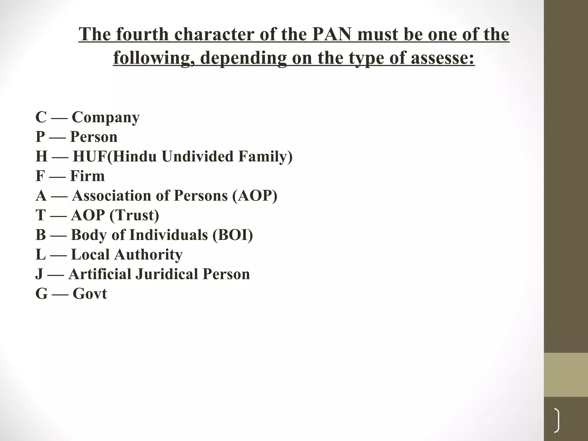 The fourth character of the PAN must be one of the
following, depending on the type of assesse:
C — Company
P — Person
H — HUF(Hindu Undivided Family)
F — Firm
A — Association of Persons (AOP)
T — AOP (Trust)
B — Body of Individuals (BOI)
L — Local Authority
J — Artificial Juridical Person
G — Govt
23
 