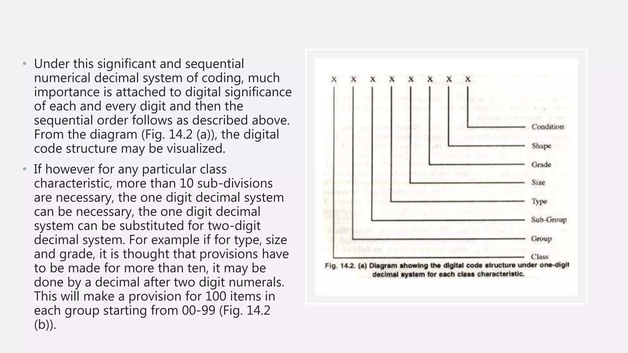 • Under this significant and sequential
numerical decimal system of coding, much
importance is attached to digital significance
of each and every digit and then the
sequential order follows as described above.
From the diagram (Fig. 14.2 (a)), the digital
code structure may be visualized.
• If however for any particular class
characteristic, more than 10 sub-divisions
are necessary, the one digit decimal system
can be necessary, the one digit decimal
system can be substituted for two-digit
decimal system. For example if for type, size
and grade, it is thought that provisions have
to be made for more than ten, it may be
done by a decimal after two digit numerals.
This will make a provision for 100 items in
each group starting from 00-99 (Fig. 14.2
(b)).
 