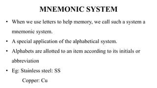 • When we use letters to help memory, we call such a system a
mnemonic system.
• A special application of the alphabetical system.
• Alphabets are allotted to an item according to its initials or
abbreviation
• Eg: Stainless steel: SS
Copper: Cu
MNEMONIC SYSTEM
 