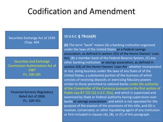 Codification and Amendment 15 U.S.C. § 78c(a)(6) (6) The term “bank” means (A) a banking institution organized under the laws of the United States, (B) a member bank of the Federal Reserve System, (C) any other banking institution, whether incorporated or not, doing business under the laws of any State of the United States, a substantial portion of the business of which consists of receiving deposits or exercising fiduciary powers similar to those permitted to national banks under section 11(k) of the Federal Reserve Act, as amended, and which is supervised and examined by State or Federal authority having supervision over banks, and which is not operated for the purpose of the evasion of the provisions of this title, and (D) a receiver, conservator, or other liquidating agent of any institution or firm included in clauses (A), (B), or (C) of this paragraph. 15 U.S.C. § 78c(a)(6) (6) The term “bank” means (A) a banking institution organized under the laws of the United States, (B) a member bank of the Federal Reserve System, (C) any other banking institution, whether incorporated or not, doing business under the laws of any State of of the United States, a substantial portion of the business of which consists of receiving deposits or exercising fiduciary powers similar to those permitted to national banks under the authority of the Comptroller of the Currency pursuant to the first section of Public Law 87-722 (12 U.S.C. 92a), and which is supervised and examined by State or Federal authority having supervision over banks, and which is not operated for the purpose of the evasion of the provisions of this title, and (D) a receiver, conservator, or other liquidating agent of any institution or firm included in clauses (A), (B), or (C) of this paragraph. 15 U.S.C. § 78c(a)(6) (6) The term “bank” means (A) a banking institution organized under the laws of the United States or a Federal savings association, as defined in section 2(5) of the Home Owners' Loan Act, (B) a member bank of the Federal Reserve System, (C) any other banking institution or savings association, as defined in section 2(4) of the Home Owners' Loan Act, whether incorporated or not, doing business under the laws of any State of of the United States, a substantial portion of the business of which consists of receiving deposits or exercising fiduciary powers similar to those permitted to national banks under the authority of the Comptroller of the Currency pursuant to the first section of Public Law 87-722 (12 U.S.C. 92a), and which is supervised and examined by State or Federal authority having supervision over banks or savings associations, and which is not operated for the purpose of the evasion of the provisions of this title, and (D) a receiver, conservator, or other liquidating agent of any institution or firm included in clauses (A), (B), or (C) of this paragraph. Securities Exchange Act of 1934 Chap. 404  Securities and Exchange Commission Authorization Act of 1987 P.L. 100-181 Financial Services Regulatory Relief Act of 2006 P.L. 109-351 