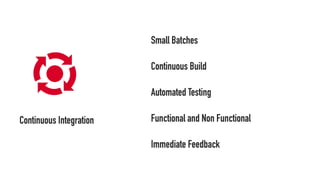 Continuous Integration
Small Batches
Continuous Build
Automated Testing
Functional and Non Functional
Immediate Feedback
 