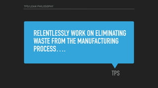 RELENTLESSLY WORK ON ELIMINATING
WASTE FROM THE MANUFACTURING
PROCESS….
TPS
TPS/LEAN PHILOSOPHY
 