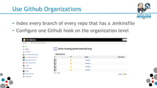 Use Github Organizations
• Index every branch of every repo that has a Jenkinsfile
• Configure one Github hook on the organization level
 