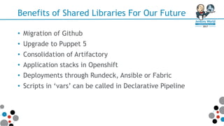 Benefits of Shared Libraries For Our Future
• Migration of Github
• Upgrade to Puppet 5
• Consolidation of Artifactory
• Application stacks in Openshift
• Deployments through Rundeck, Ansible or Fabric
• Scripts in ‘vars’ can be called in Declarative Pipeline
 