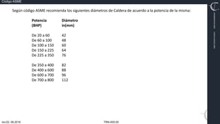 TRN-000.00
rev.02, 06.2016
Código ASME
VIMI8604074X3‐0005
CARJ541103QV2‐0005
Según código ASME recomienda los siguientes diámetros de Caldera de acuerdo a la potencia de la misma:
Potencia Diámetro
(BHP) in(mm)
De 20 a 60 42
De 60 a 100 48
De 100 a 150 60
De 150 a 225 64
De 225 a 350 76
De 350 a 400 82
De 400 a 600 88
De 600 a 700 96
De 700 a 800 112
 