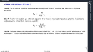 TRN-000.00
rev.02, 06.2016
Código ASME
VIMI8604074X3‐0005
CARJ541103QV2‐0005
A) PARA FLUE U HOGAR LISO (cont…)
Step 6. Con el valor de B, calcule el valor de la máxima presión externa admisible, Pa, mediante la siguiente
ecuación:
Step 7. Para los valores de A que están a la izquierda de la línea de material/temperatura aplicable, el valor de Pa
debe calcularse utilizando la siguiente ecuación:
Step 8. Compare el valor calculado de Pa obtenido en el Paso 6 ó 7 con P. Si Pa es menor que P, seleccione un valor
mayor para t y repita el procedimiento de diseño hasta que se obtenga un valor de Pa que sea mayor o igual a P.
 