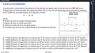 TRN-000.00
rev.02, 06.2016
Código ASME
VIMI8604074X3‐0005
CARJ541103QV2‐0005
C) PARA EL FLUE CORRUGADO
A continuación se procederá a dimensionar el Flue del tipo corrugado, para lo cual se recurrirá a PFT‐18, la cual
establece que la máxima presión de trabajo admisible, para un Flue con porciones lisas en los extremos no mayores
que 9” (230mm), se puede obtener de la siguiente manera:
Donde:
P: Máxima presión de trabajo admisible (psig)
t: Espesor de Flue, no menor que 5/16”.
D: Diámetro medio del Flue corrugado (pulg.)
C: Constante que varía con las características de las ondulaciones del Flue.
C = 17300 (119) para corrugaciones no mayores que 8” de centro a centro y profundidad no menor de 2¼” (Leeds)
C = 15600 (108) para corrugaciones no mayores que 8” de centro a centro y profundidad no menor de 1¼” (Morison)
C = 14000 (97) para corrugaciones no mayores que 8” de centro a centro y profundidad no menor de 1 1/2” (Fox)
C = 14000 (97) para corrugaciones no mayores que 9” de centro a centro y profundidad no menor de 1 3/8” (Purves)
C = 14000 (97) para corrugaciones no mayores que 9” de centro a centro y profundidad no menor de 1 3/8” (Brown)
C = 10000 para corrugaciones no mayores que 18” de centro a centro y profundidad no menor de 1 1/2”
 