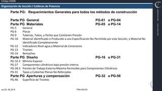 TRN-000.00
rev.02, 06.2016
Código ASME
VIMI8604074X3‐0005
CARJ541103QV2‐0005
Parte PG: Requerimientos Generales para todos los métodos de construcción
Parte PG General PG-01 a PG-04
Parte PG Materiales PG-05 a PG-14
PG‐5 General
PG‐6 Placas
PG‐9 Tuberías, Tubos, y Partes que Contienen Presión
PG‐10 Material Identificado o Producido a una Especificación No Permitida por esta Sección, y Material No
Identificado Completamente
PG‐12 Indicadores Nivel agua y Material de Conectores
PG‐13 Tirantes
PG‐14 Remaches
Parte PG Diseño PG-16 a PG-31
PG‐16.3 Mínimo Espesor
PG‐27 Componentes cilíndricos bajo presión interna
PG‐28.3 Presión de Trabajo Externa Máxima Permisible para Componentes Cilíndricos
PG‐31 Tapas y Cubiertas Planas No Reforzadas
Parte PG Aperturas y compensación PG-32 a PG-56
PG‐46 Superficie de Tirantes
Organización de Sección I Calderas de Potencia
 