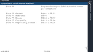 TRN-000.00
rev.02, 06.2016
Código ASME
VIMI8604074X3‐0005
CARJ541103QV2‐0005
Parte PR : Requerimientos para Fabricación de Calderas
por Remachado
Parte PR General PR-01 a PR-02
Parte PR Materiales PR-03
Parte PR Diseño PR-04 a PR-17
Parte PR Fabricación PR-18 a PR-24
Parte PR Inspección y pruebas PR-25 a PR-28
Organización de Sección I Calderas de Potencia
 