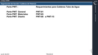TRN-000.00
rev.02, 06.2016
Código ASME
VIMI8604074X3‐0005
CARJ541103QV2‐0005
Parte PWT : Requerimientos para Calderas Tubo de Agua
Parte PWT General PWT-01
Parte PWT Materiales PWT-05
Parte PWT Diseño PWT-08 a PWT-15
Organización de Sección I Calderas de Potencia
 