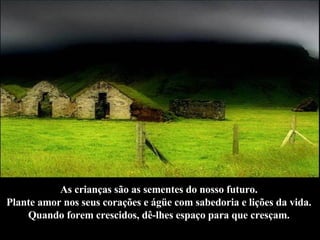 As crianças são as sementes do nosso futuro.  Plante amor nos seus corações e ágüe com sabedoria e lições da vida.  Quando forem crescidos, dê-lhes espaço para que cresçam.   