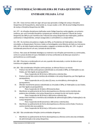 CONFEDERAÇÃO BRASILEIRA DE PARA-QUEDISMO
ENTIDADE FILIADA À FAI
Código atualizado em OUTUBRO de 2014 45
Art. 276 - Estas normas estão em vigor até que seja aprovado o Código de Justiça e Disciplina
Desportivas do Paraquedismo, observando-se, no que couber, o Art. 301 do atual Código Brasileiro
de Justiça e Disciplina Desportivas de 1986.
Art. 277 - As infrações disciplinares tipificadas neste Código Esportivo serão julgadas, em primeira
instância, por uma Comissão Disciplinar composta por membros do Superior Tribunal de Justiça
Desportiva da CBPq ou por membros dos Tribunais de Justiça Desportiva das Federações, poderes
autônomos e independentes, sempre assegurados o contraditório e a ampla defesa.
Art. 278 - Os membros de poderes e órgãos da CBPq, os Presidentes de Federações e dos Clubes
vinculados, os Responsáveis Técnicos e todos os homologados como Mestres de Salto ou Instrutores
(ASL, AFF ou de Salto Duplo) serão processados e julgados no âmbito da CBPq. Art. 279 - A ação é
considerada prescrita em um ano, contado da data do fato.
§ Único : Nos casos de falsidade ideológica ou material e nas infrações permanentes ou continuadas,
conta-se o prazo da data em que a falsidade se tornou conhecida ou da data que cessaram a
permanência ou a continuação.
Art. 280 - Prescreve a condenação em um ano, quando não executada, a contar da data em que
transitou em julgado a decisão.
Art. 281 - São consideradas infrações contra pessoas, as ofensas físicas e as morais:
I. Praticar vias de fato contra pessoa subordinada ou vinculada à CBPq, às Federações ou aos
Clubes, por fato ligado ao paraquedismo.
Pena: Suspensão de 30 (trinta) a 180 (cento e oitenta) dias.
II. Praticar vias de fato contra membro de entidades e da Justiça Desportiva, por fato ligado ao
paraquedismo.
Pena: Suspensão de um (1) a dois (2) anos; na reincidência, eliminação do
paraquedismo.
III. Ofender moralmente pessoa subordinada ou vinculada à CBPq, às Federações ou aos Clubes,
por fato ligado ao paraquedismo.
Pena: Suspensão de 10 (dez) a 90 (noventa dias).
IV. Manifestar-se publicamente de forma desrespeitosa ou ofensiva contra membros dos
poderes das entidades e da Justiça Desportiva ou ameaçá-los de mal injusto e grave.
Pena: Suspensão de 30 (trinta) a 180 (cento e oitenta) dias.
V. Atribuir fato inverídico a membros das entidades de administração (CBPq e Federações) e da
Justiça Desportiva.
Pena: Suspensão de 60 (sessenta) a 180 (cento e oitenta) dias.
VI. Manifestar-se publicamente de forma desrespeitosa ou ofensiva contra Clube / Escola ou
contra membro dos seus poderes.
Pena: Suspensão de 30 (trinta) a 120 (cento e vinte) dias.
Art. 282 - São consideradas infrações contra entidades dirigentes:
I. Manifestar-se publicamente de forma desrespeitosa ou ofensiva contra atos das entidades
de administração e da Justiça Desportiva.
 