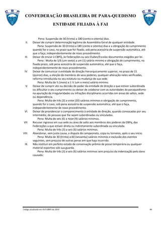 CONFEDERAÇÃO BRASILEIRA DE PARA-QUEDISMO
ENTIDADE FILIADA À FAI
Código atualizado em OUTUBRO de 2014 46
Pena: Suspensão de 30 (trinta) a 180 (cento e oitenta) dias.
II. Deixar de cumprir determinação legítima de Assembléia Geral de qualquer entidade.
Pena: Suspensão de 30 (trinta) a 180 (cento e oitenta) dias e a obrigação de cumprimento
quando for o caso, no prazo que for fixado, sob pena acessória de suspensão automática, até
que o faça, independentemente de novo procedimento.
III. Deixar de enviar à CBPQ, às Federações ou aos Clubes/Escolas documentos exigidos por lei.
Pena : Multa de 1/6 (um sexto) a um (1) salário mínimo e obrigação de cumprimento, no
fixado prazo, sob pena acessória de suspensão automática, até que o faça,
independentemente de novo procedimento.
IV. Deixar de comunicar à entidade de direção hierarquicamente superior, no prazo de 15
(quinze) dias, a eleição de membros de seus poderes, qualquer alteração neles verificadas,
reforma introduzida no seu estatuto ou mudança de sua sede.
Pena: Multa de ½ (meio) a 1 ½ (um e meio) salário mínimo.
V. Deixar de cumprir ato ou decisão de poder da entidade de direção a que estiver subordinada
ou dificultar o seu cumprimento ou deixar de colaborar com as autoridades do paraquedismo
na apuração de irregularidades ou infrações disciplinares ocorridas em áreas de saltos, sede
ou dependência.
Pena: Multa de três (3) a vinte (20) salários mínimos e obrigação de cumprimento,
quando for o caso, sob pena acessória de suspensão automática, até que o faça,
independentemente de novo procedimento.
VI. Deixar de providenciar o comparecimento à entidade de direção, quando convocadas por seu
intermédio, de pessoas que lhe sejam subordinadas ou vinculadas.
Pena: Multa de seis (6) a nove (9) salários mínimos.
VII. Recusar ingresso em sua sede ou área de salto aos membros dos poderes da CBPq, das
Federações a que estiver direta ou indiretamente subordinada ou vinculada.
Pena: Multa de três (3) a seis (6) salários mínimos.
VIII. Abandonar, sem justa causa, a disputa de campeonato, copa ou torneios, após o seu início.
Pena: Multa de 30 (trinta) a 60 (sessenta) salários mínimos e exclusão dos eventos
seguintes, sem prejuízo de outras penas em que haja incorrido.
IX. Não restituir em perfeito estado de conservação prêmio de posse temporária ou qualquer
material esportivo sob sua guarda.
Pena: Multa de três (3) a seis (6) salários mínimos sem prejuízo da indenização pelo dano
causado.
 