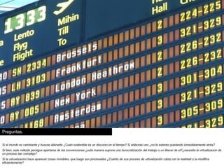 Si el mundo es cambiante y buscas alienarte ¿Cuán sostenible es un discurso en el tiempo? Si elaboras uno ¿no te estarás quedando inmediatamente atrás? Si bien, este método persigue apartarse de las convenciones  ¿esta manera supone una burocratización del trabajo o un liberar de el?¿necesita la virtualizacion de un proceso tan complejo? Si la virtualizacion hace aparecer cosas invisibles, que luego son procesadas ¿Cuánto de sus proceso de virtualización calza con la realidad o la modifica eficientemente? Preguntas. 