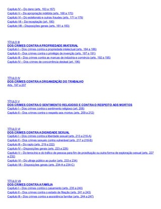 Capítulo IV – Do dano (arts. 163 a 167)
Capítulo V – Da apropriação indébita (arts. 168 a 170)
Capítulo VI – Do estelionato e outras fraudes (arts. 171 a 179)
Capítulo VII – Da receptação (art. 180)
Capítulo VIII – Disposições gerais (arts. 181 a 183)
TÍTULO III
DOS CRIMES CONTRAAPROPRIEDADE IMATERIAL
Capítulo I – Dos crimes contra a propriedade intelectual (arts. 184 a 186)
Capítulo II – Dos crimes contra o privilégio de invenção (arts. 187 a 191)
Capítulo III – Dos crimes contra as marcas de indústria e comércio (arts. 192 a 195)
Capítulo IV – Dos crimes de concorrência desleal (art. 196)
TÍTULO IV
DOS CRIMES CONTRAAORGANIZAÇÃO DO TRABALHO
Arts. 197 a 207
TÍTULO V
DOS CRIMES CONTRAO SENTIMENTO RELIGIOSO E CONTRAO RESPEITO AOS MORTOS
Capítulo I – Dos crimes contra o sentimento religioso (art. 208)
Capítulo II – Dos crimes contra o respeito aos mortos (arts. 209 a 212)
TÍTULO VI
DOS CRIMES CONTRAADIGNIDADE SEXUAL
Capítulo I – Dos crimes contra a liberdade sexual (arts. 213 a 216-A)
Capítulo II – Dos crimes sexuais contra vulnerável (arts. 217 a 218-B)
Capítulo III – Do rapto (arts. 219 a 222)
Capítulo IV – Disposições gerais (arts. 223 a 226)
Capítulo V – Do lenocínio e do tráfico de pessoa para fim de prostituição ou outra forma de exploração sexual (arts. 227
a 232)
Capítulo VI – Do ultraje público ao pudor (arts. 233 e 234)
Capítulo VII – Disposições gerais (arts. 234-A a 234-C)
TÍTULO VII
DOS CRIMES CONTRAAFAMÍLIA
Capítulo I – Dos crimes contra o casamento (arts. 235 a 240)
Capítulo II – Dos crimes contra o estado de filiação (arts. 241 a 243)
Capítulo III – Dos crimes contra a assistência familiar (arts. 244 a 247)
 