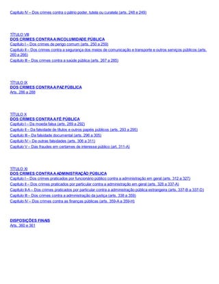 Capítulo IV – Dos crimes contra o pátrio poder, tutela ou curatela (arts. 248 e 249)
TÍTULO VIII
DOS CRIMES CONTRAAINCOLUMIDADE PÚBLICA
Capítulo I – Dos crimes de perigo comum (arts. 250 a 259)
Capítulo II – Dos crimes contra a segurança dos meios de comunicação e transporte e outros serviços públicos (arts.
260 a 266)
Capítulo III – Dos crimes contra a saúde pública (arts. 267 a 285)
TÍTULO IX
DOS CRIMES CONTRAAPAZ PÚBLICA
Arts. 286 a 288
TÍTULO X
DOS CRIMES CONTRAAFÉ PÚBLICA
Capítulo I – Da moeda falsa (arts. 289 a 292)
Capítulo II – Da falsidade de títulos e outros papéis públicos (arts. 293 a 295)
Capítulo III – Da falsidade documental (arts. 296 a 305)
Capítulo IV – De outras falsidades (arts. 306 a 311)
Capítulo V – Das fraudes em certames de interesse público (art. 311-A)
TÍTULO XI
DOS CRIMES CONTRAAADMINISTRAÇÃO PÚBLICA
Capítulo I – Dos crimes praticados por funcionário público contra a administração em geral (arts. 312 a 327)
Capítulo II – Dos crimes praticados por particular contra a administração em geral (arts. 328 a 337-A)
Capítulo II-A – Dos crimes praticados por particular contra a administração pública estrangeira (arts. 337-B a 337-D)
Capítulo III – Dos crimes contra a administração da justiça (arts. 338 a 359)
Capítulo IV – Dos crimes contra as finanças públicas (arts. 359-A a 359-H)
DISPOSIÇÕES FINAIS
Arts. 360 e 361
 