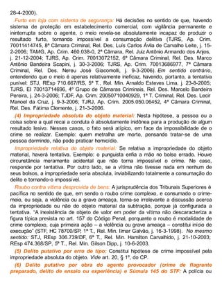 28-4-2000).
Furto em loja com sistema de segurança: Há decisões no sentido de que, havendo
sistema de proteção em estabelecimento comercial, com vigilância permanente e
ininterrupta sobre o agente, o meio revela-se absolutamente incapaz de produzir o
resultado furto, tornando impossível a consumação delitiva (TJRS, Ap. Crim.
70011414745, 8ª Câmara Criminal, Rel. Des. Luís Carlos Ávila de Carvalho Leite, j. 15-
2-2006; TAMG, Ap. Crim. 460.038-0, 2ª Câmara, Rel. Juiz Antônio Armando dos Anjos,
j. 21-12-2004; TJRS, Ap. Crim. 70013072152, 6ª Câmara Criminal, Rel. Des. Marco
Antônio Bandeira Scapini, j. 30-3-2006; TJRS, Ap. Crim. 70013686977, 7ª Câmara
Criminal, Rel. Des. Nereu José Giacomolli, j. 9-3-2006). Em sentido contrário,
entendendo que o meio é apenas relativamente ineficaz, havendo, portanto, a tentativa
punível: STJ, REsp 710.667/RS, 5ª T., Rel. Min. Arnaldo Esteves Lima, j. 23-8-2005;
TJRS, EI 70013714696, 4º Grupo de Câmaras Criminais, Rel. Des. Marcelo Bandeira
Pereira, j. 24-3-2006; TJDF, Ap. Crim. 20050710040929, 1ª T. Criminal, Rel. Des. Lecir
Manoel da Cruz, j. 9-3-2006; TJRJ, Ap. Crim. 2005.050.06452, 4ª Câmara Criminal,
Rel. Des. Fátima Clemente, j. 21-3-2006.
(4) Impropriedade absoluta do objeto material: Nesta hipótese, a pessoa ou a
coisa sobre a qual recai a conduta é absolutamente inidônea para a produção de algum
resultado lesivo. Nesses casos, o fato será atípico, em face da impossibilidade de o
crime se realizar. Exemplo: quem metralha um morto, pensando tratar-se de uma
pessoa dormindo, não pode praticar homicídio.
Impropriedade relativa do objeto material: Se relativa a impropriedade do objeto
material, haverá tentativa. Exemplo: o punguista enfia a mão no bolso errado. Houve
circunstância meramente acidental que não torna impossível o crime. No caso,
responde por tentativa. Por outro lado, se a vítima não tivesse nada em nenhum de
seus bolsos, a impropriedade seria absoluta, inviabilizando totalmente a consumação do
delito e tornando-o impossível.
Roubo contra vítima desprovida de bens: A jurisprudência dos Tribunais Superiores é
pacífica no sentido de que, em sendo o roubo crime complexo, e consumado o crime-
meio, ou seja, a violência ou a grave ameaça, torna-se irrelevante a discussão acerca
da impropriedade ou não do objeto material da subtração, porque já configurada a
tentativa. “A inexistência de objeto de valor em poder da vítima não descaracteriza a
figura típica prevista no art. 157 do Código Penal, porquanto o roubo é modalidade de
crime complexo, cuja primeira ação – a violência ou grave ameaça – constitui início de
execução” (STF, HC 78700/SP, 1ª T., Rel. Min. Ilmar Galvão, j. 16-3-1998). No mesmo
sentido: STJ, REsp 306.739/DF, 6ª T., Rel. Min. Hamilton Carvalhido, j. 21-10-2003;
REsp 474.368/SP, 5ª T., Rel. Min. Gilson Dipp, j. 10-6-2003.
(5) Delito putativo por erro de tipo: Constitui hipótese de crime impossível pela
impropriedade absoluta do objeto. Vide art. 20, § 1º, do CP.
(6) Delito putativo por obra do agente provocador (crime de flagrante
preparado, delito de ensaio ou experiência) e Súmula 145 do STF: A polícia ou
 
